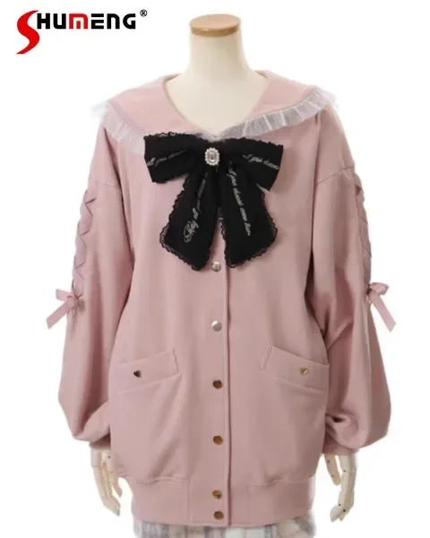 La mia serie giapponese ricamo fiocco collo a vela nero lungo felpa cappotto per le donne Lolita carino dolce ragazze rosa felpe con cappuccio giacca