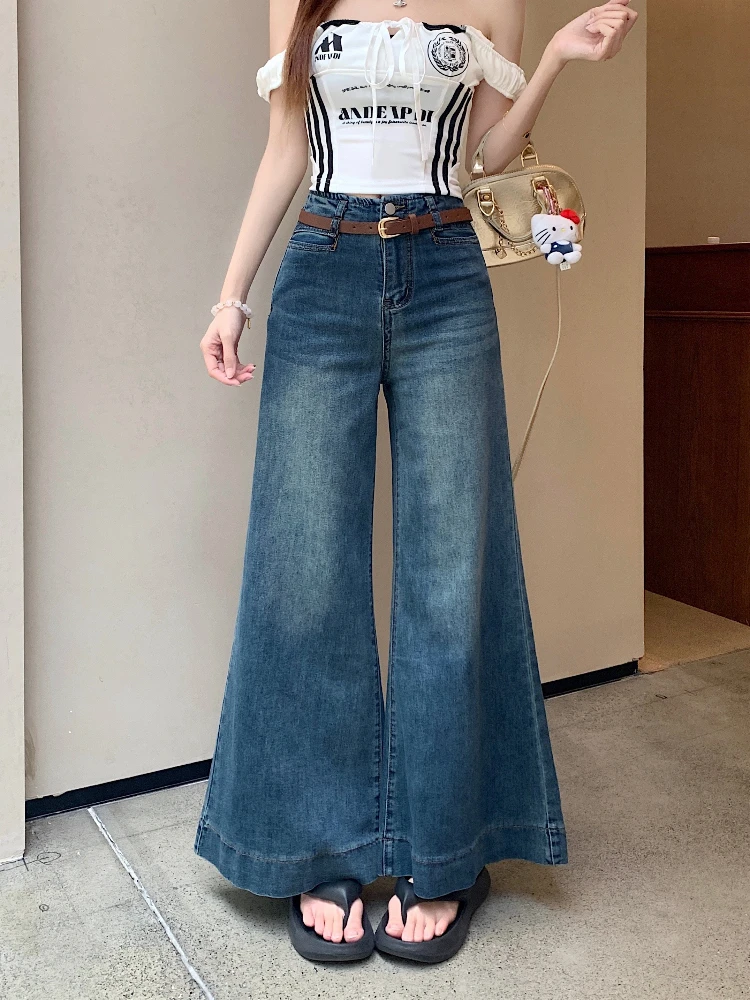 

Design sense loose and versatile flared jeans women in summer retro washed blue fashion commute wide leg long pants