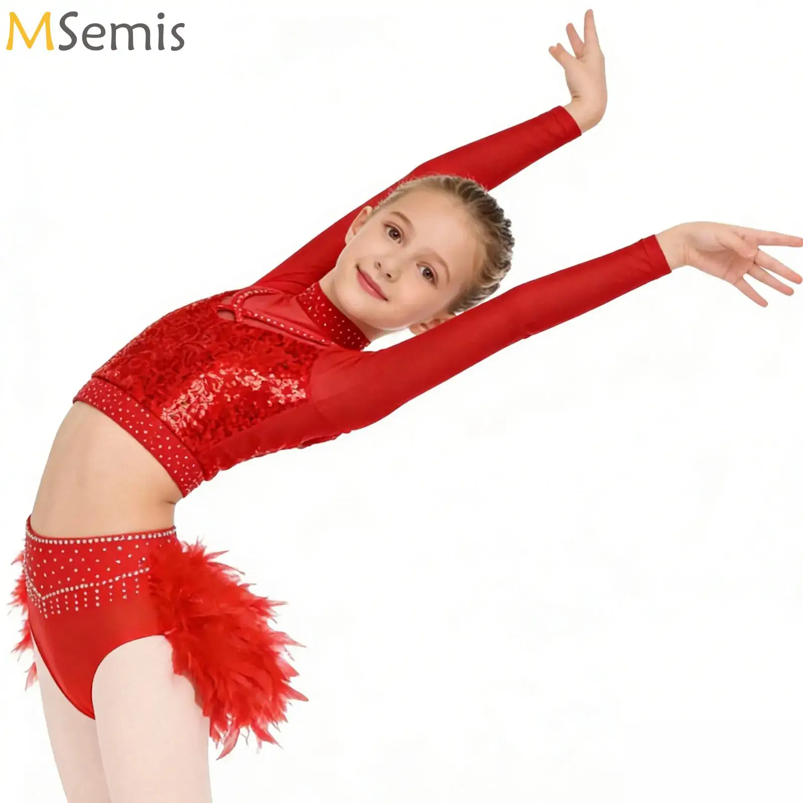 

Teen Shiny Sequin Jazz Latin Ballet Dance Costume Long Sleeve Crop Top with Feather Skirt Figure Skating Modern Hip Hop Costume