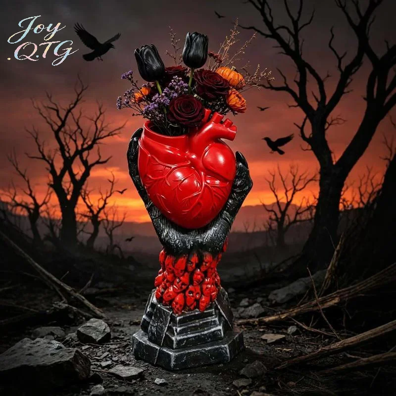 Hot Sale 1pc Gothic Anatomical Heart Resin Vase Unique Skull Base Perfect For Halloween Decor Dark Home Party Ornaments