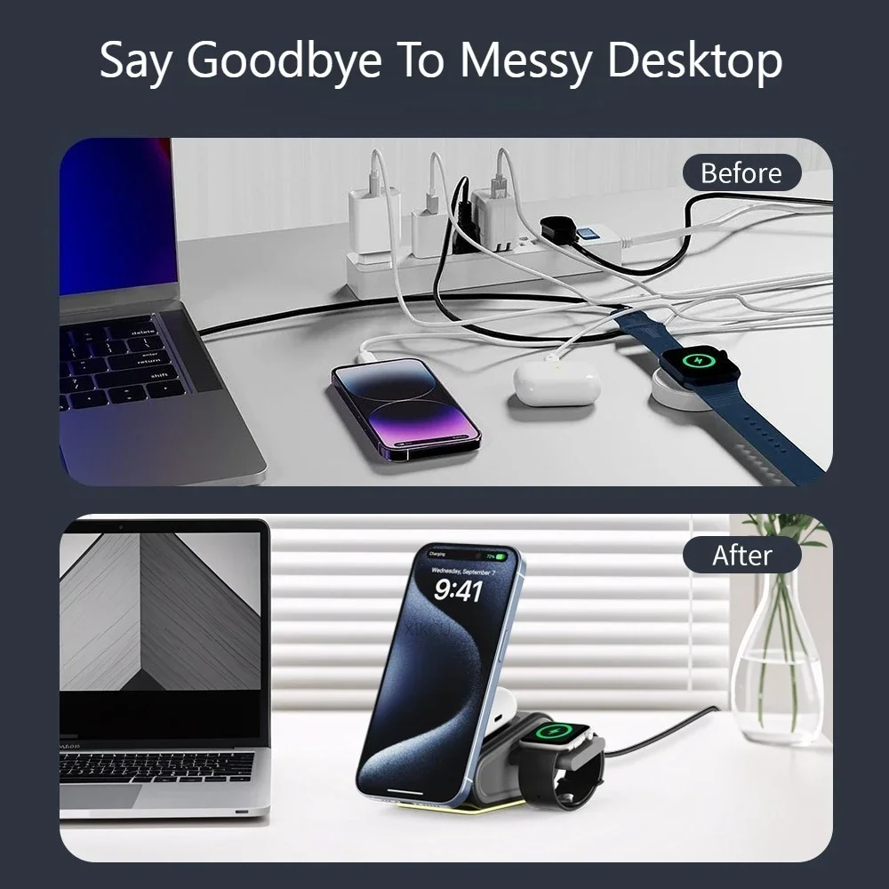 شاحن لاسلكي مغناطيسي 3 في 1 مع ضوء ليلي لهاتف iPhone 17-12 Apple Watch 11-2 Samsung Galaxy Watch 3-7 Airpods 4 Pro #4