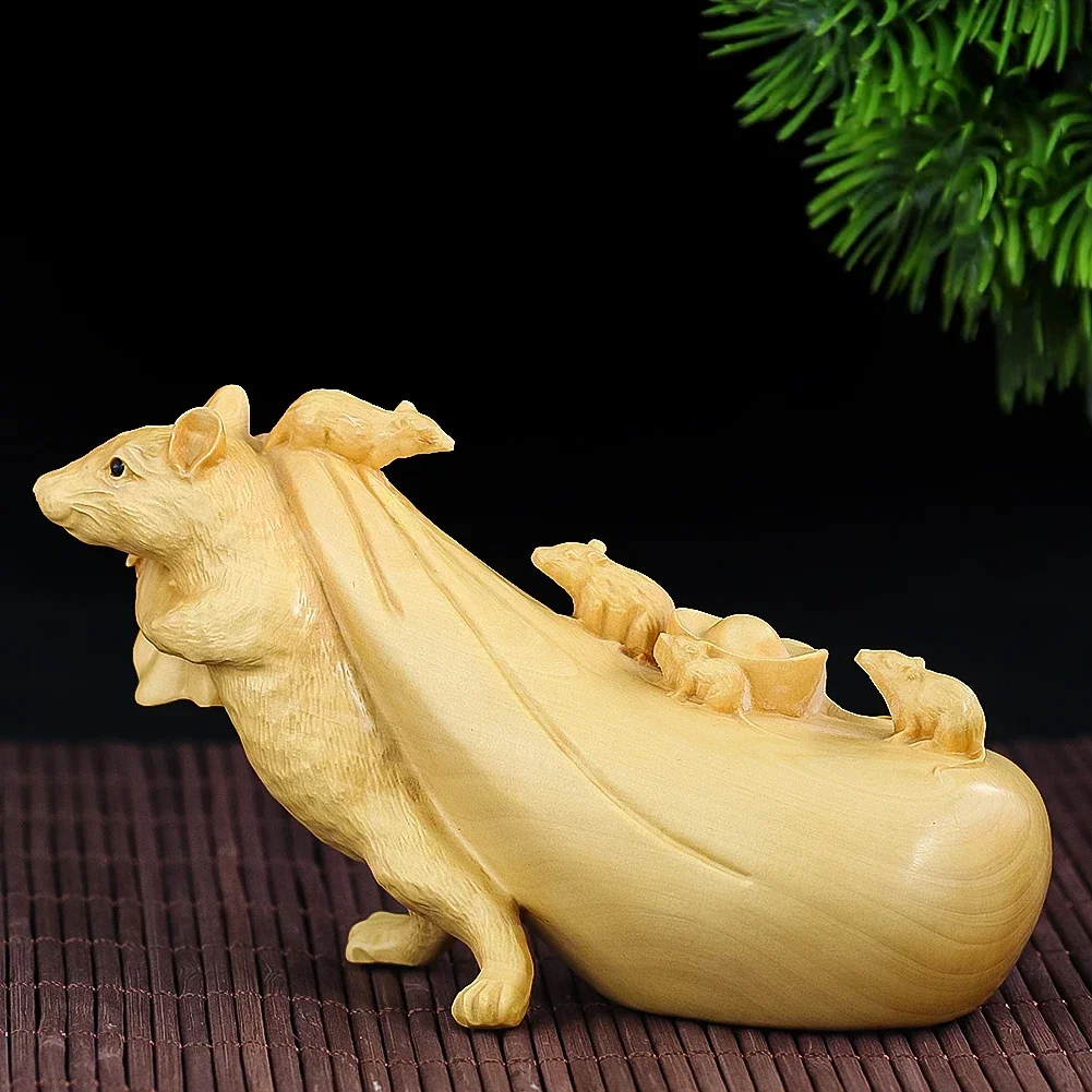 Natural Wood Laser Carving Mouse Rat Descendant Relocating Ingots Ornament Crafts Fortune Mascot Tea Pets Paperweight Desk Decor