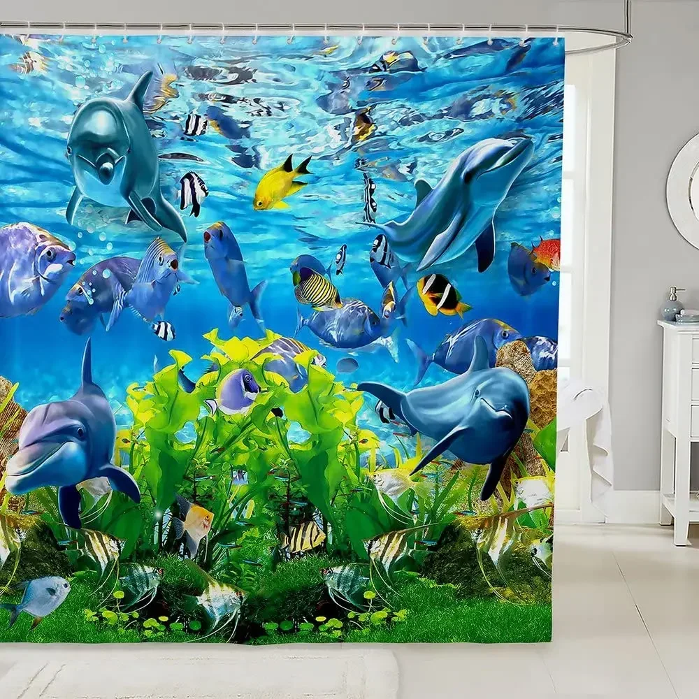 Ocean Shower Curtain Set Tropical Seascape Bright Sunshine Through Deep Blue Sea View Underwater Bathroom Shower Curtains Set