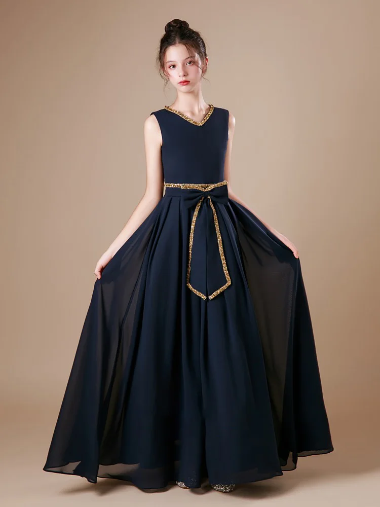 Girls' sleeveless waist-belted bow tie junior school dress for prom, graduation dress, birthday bridesmaid dress/ Custom