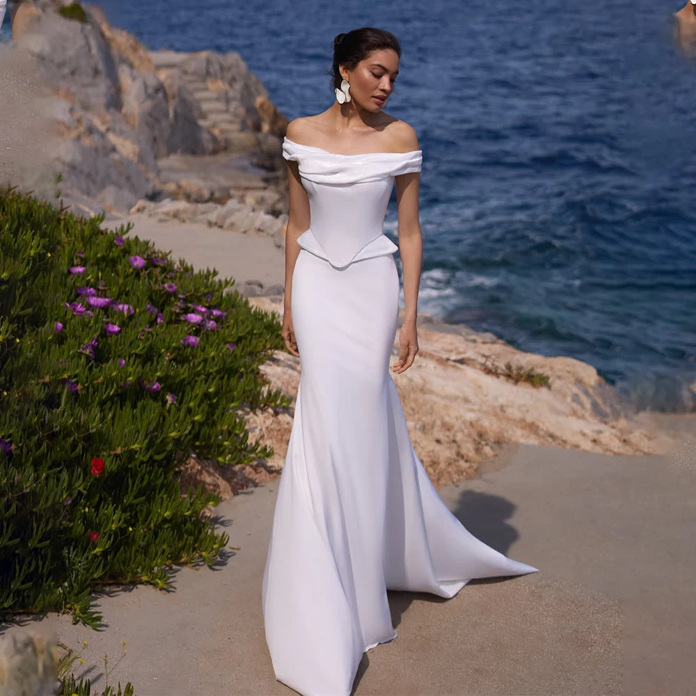 

Popular Off The Shoulder Pleat Satin Two Piece Satin Sheath/Mermaid Wedding Dresses Custom Made 2026 Rode De Morrie