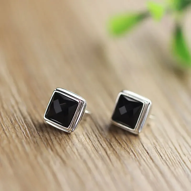 Real Solid 925 Sterling Silver Square Stud Earrings For Men With Natural Faceted Black Onyx Stone Simple Punk Jewelry