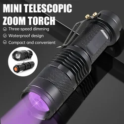 Mini lampe de poche UV LED, torche ultraviolette zoomable, lumières ultra en verre pour scorpions, urine d'animaux, lampe d'inspection SAF, 395 nm, 365nm