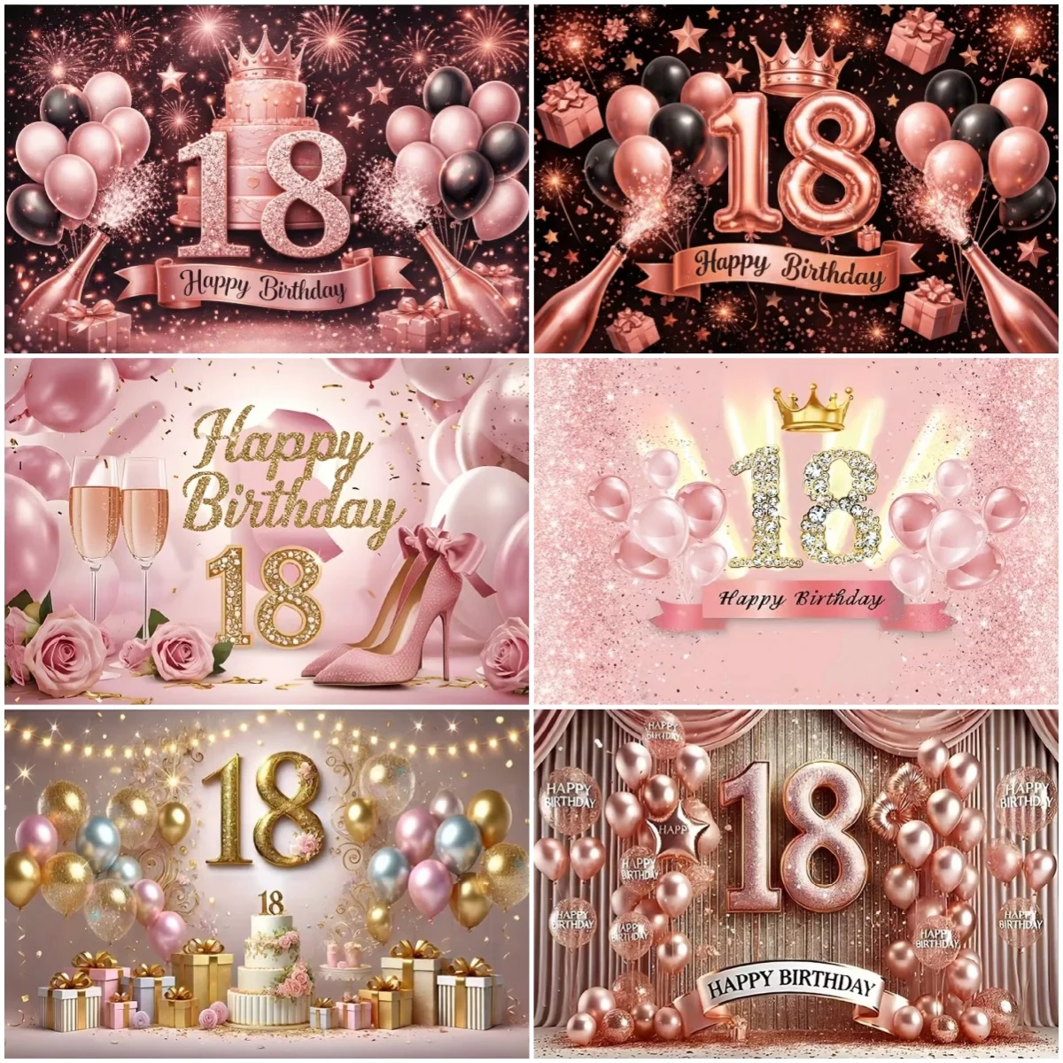 

18th Birthday Party Backdrop Pink Rose Black Gold Glitter Balloon Decor Background Bar Mitzvah Photography Studio Props Banner