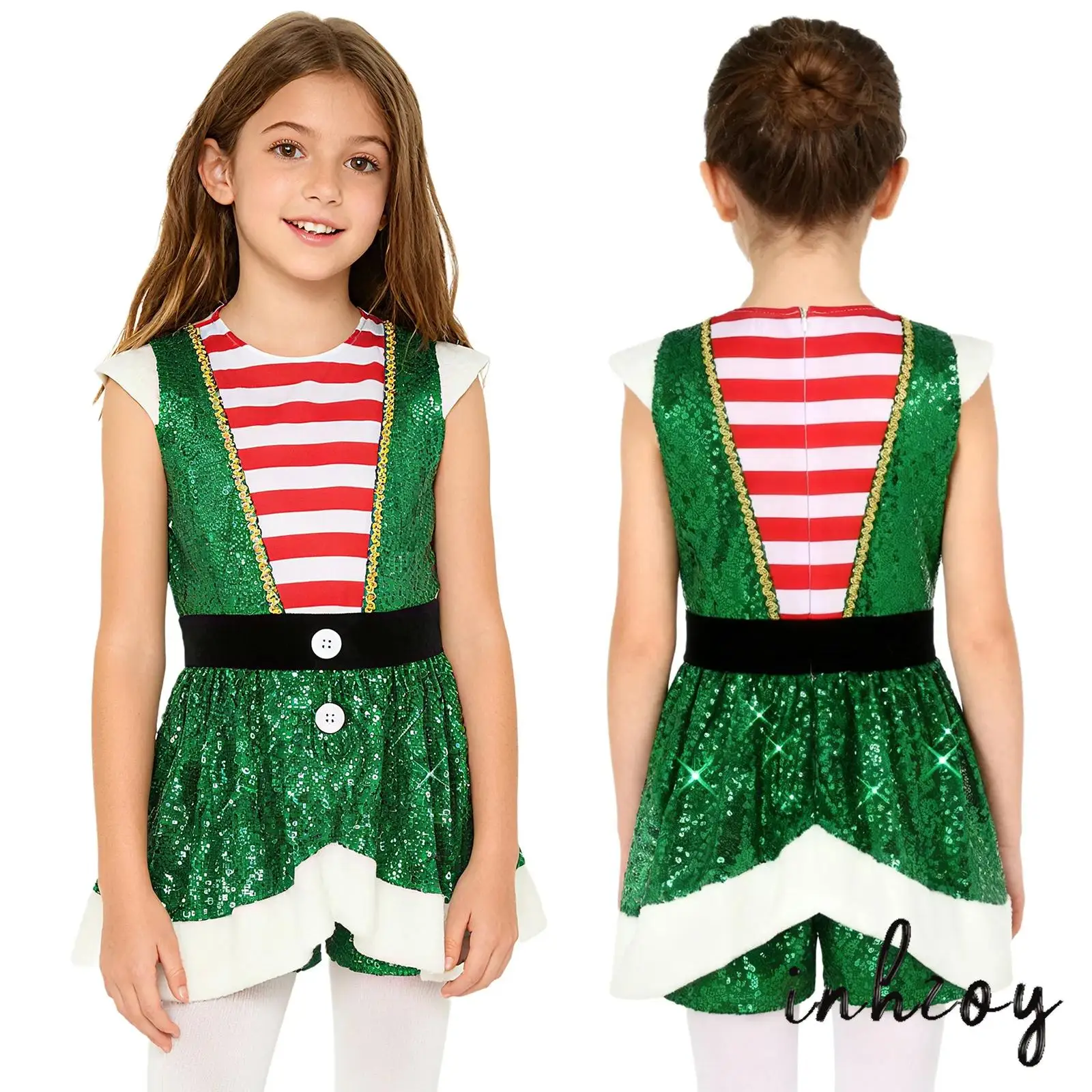 

Girls Candy Cane Dress Christmas Stripe Jumpsuit Sparkly Sequins Golden Webbing Cap Sleeve Waist Ruffled Overlay Shorts Jumpsuit