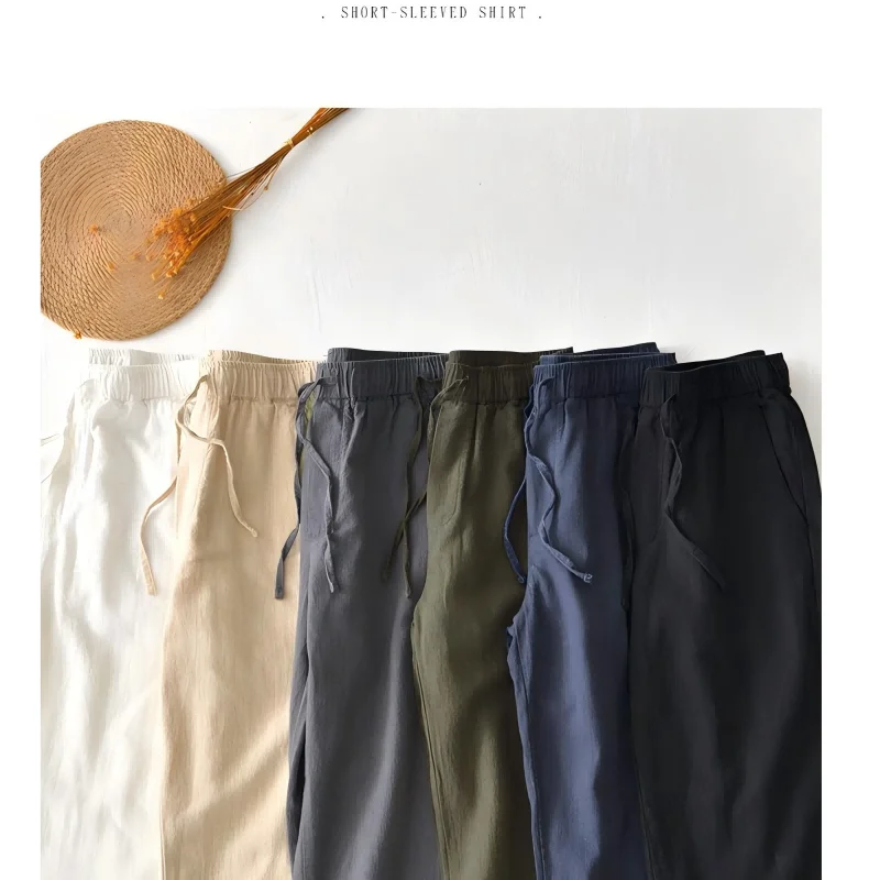 New Mens Cotton Linen Long Pants Summer Drawstring Trousers Leisure Resort Trousers Men Thin Oversized Loose Straight Leg Pant