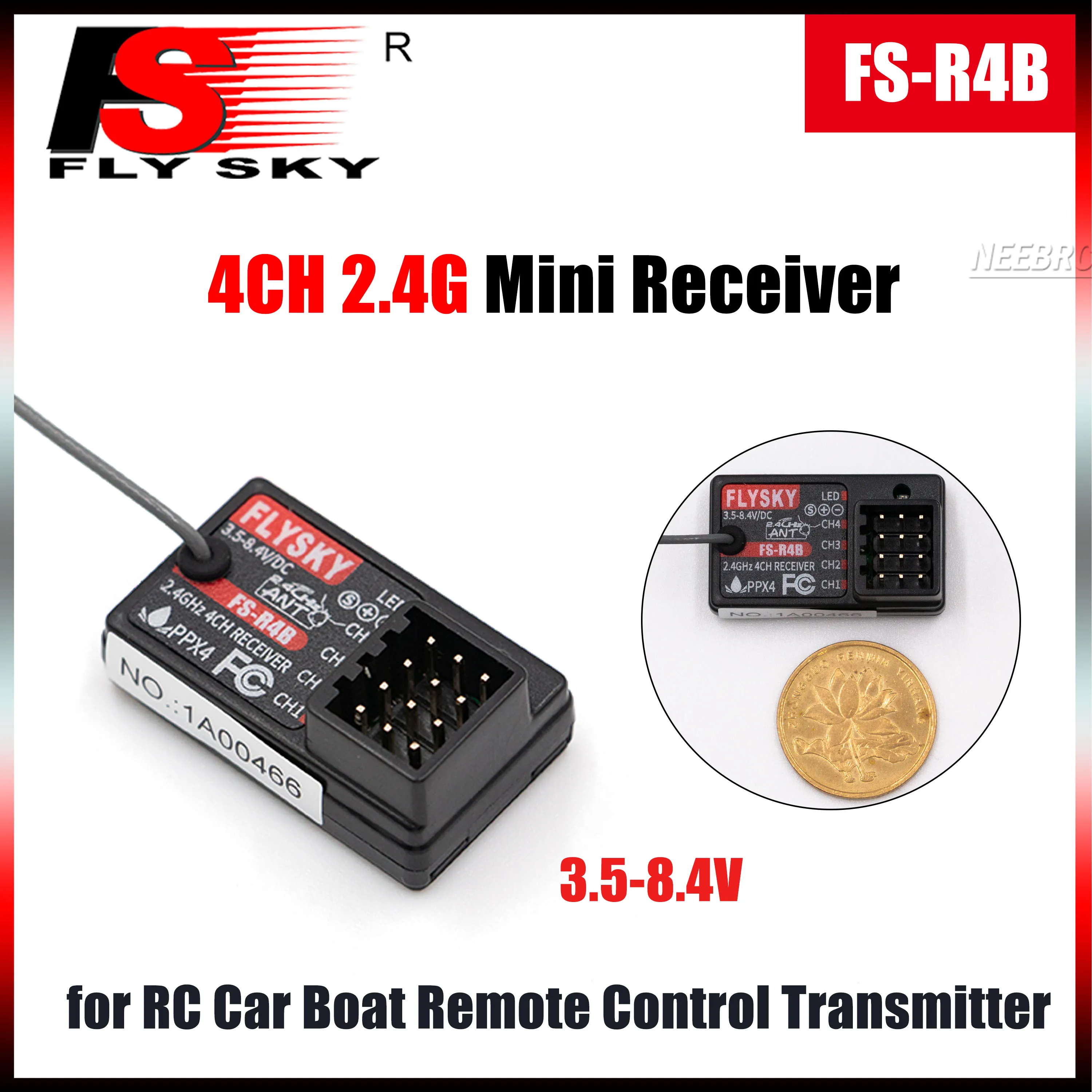 FLYSKY FS-R4B 4 Channel 4CH 2.4G Mini PWM Receiver 3.5-8.4V ANT Single Antenna for RC Car Boat Remote Control Transmitter Model
