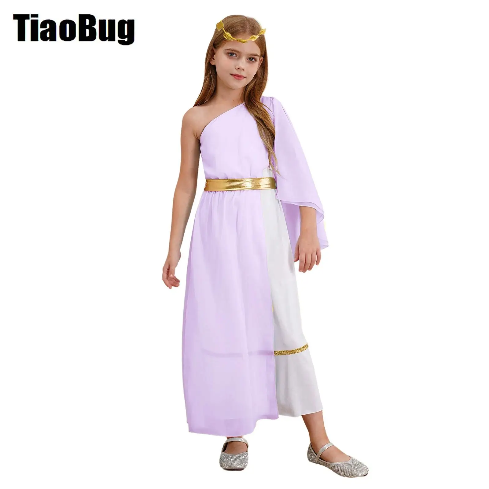 

Kids Girls Ancient Greek Toga Dress Single Shoulder Patchwork Dress with Waistband And Wreath Headband for Halloween Costume