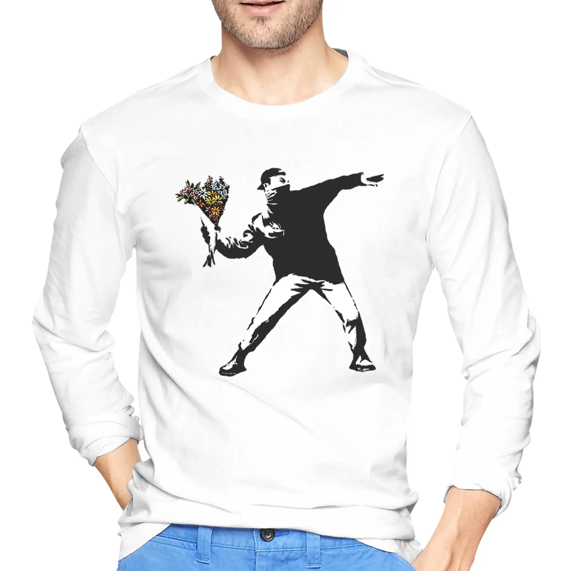 

Бэнкси граффити протест анархист бросают цветы метатель мужская футболка с длинными рукавами футболки с круглым вырезом весна осень мужские топы