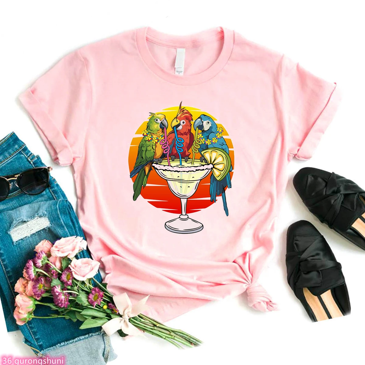 Parrots Drinking Margarita Pattern Print T-Shirt Women Summer Female Tshirt Cute Parrots T Shirt Women Bird Enthusiasts Tees