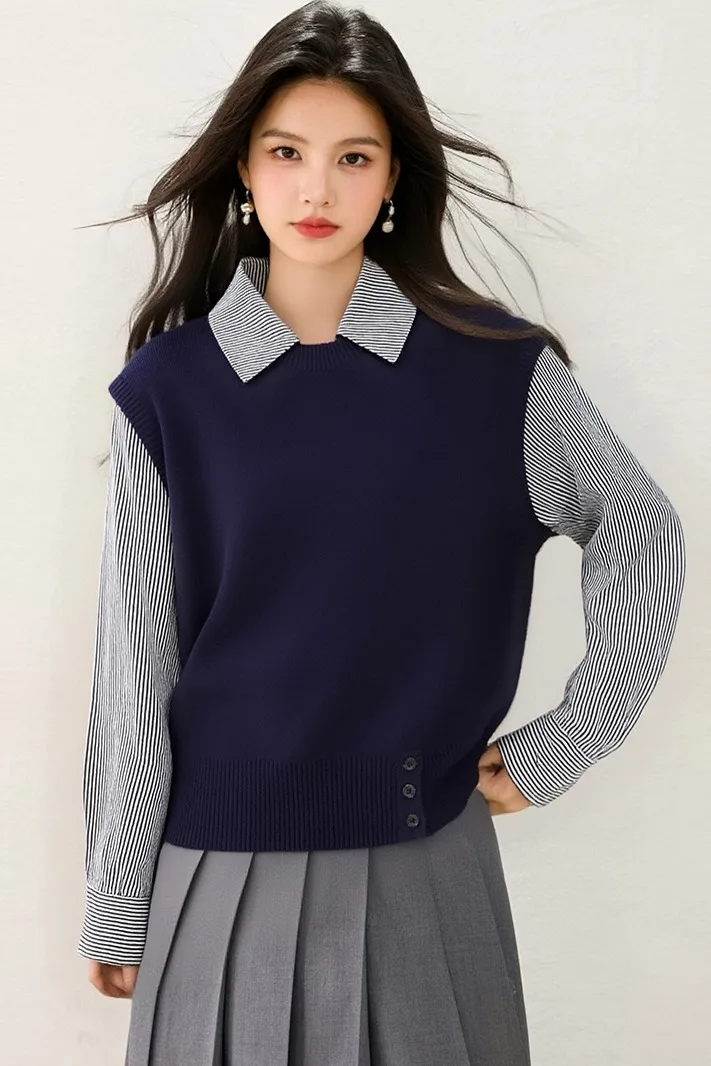 ヨーロッパ風、服、ヴィンテージ、秋、冬、セーター、シック、セクシー、フェイクツーピース、パッチワーク、女性、長袖、ニット、プルオーバー、トップス、510068