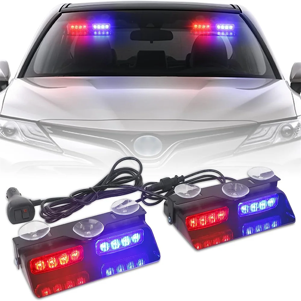 2-in-1 LED Car Strobe Lights For Emergency Flash Warning Lamp Windshield Bar 16 Beads Red Blue Amber White Auto Light Assembly