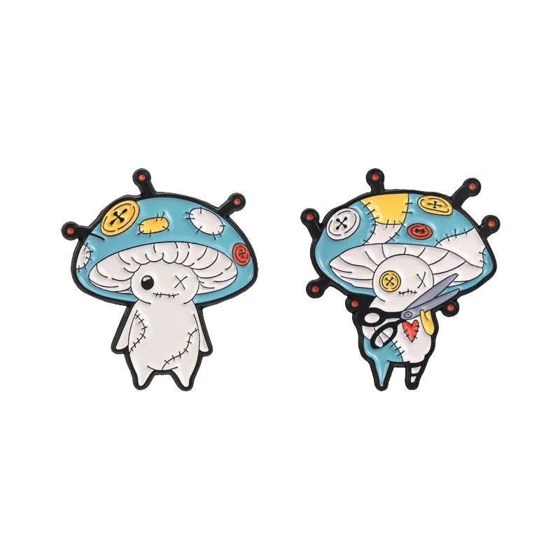 Mushroom Voodoo Doll With Scissors Enamel Pin Spooky Cute Gothic Stitched Plushie Mushroom Brooch Bag Clothes Badge Jewelry Gift