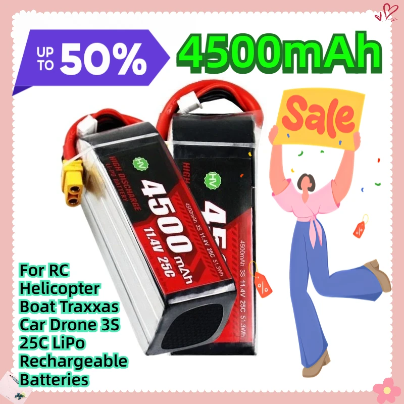 

4500mAh 11.4V For RC Helicopter Boat Traxxas Car Drone 3S 25C LiPo Rechargeable Batteries