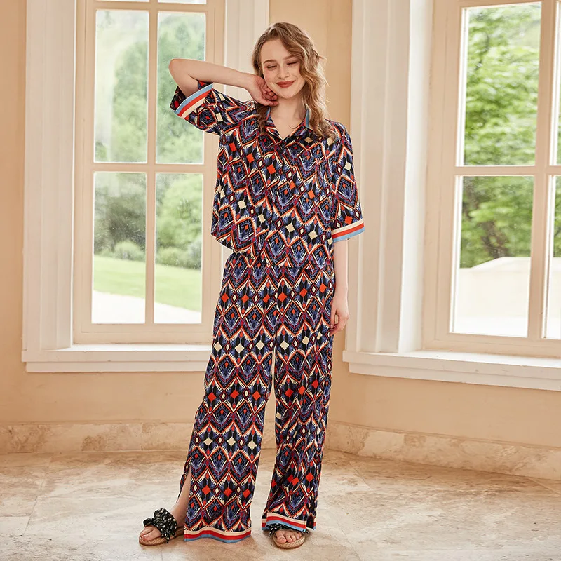 Women Summer Autumn Ice Silk Pajamas 2piece Set Short Sleeve Pants Bohemian Ethnic Style Ice Silk Nightgown Sleepwear Homewear