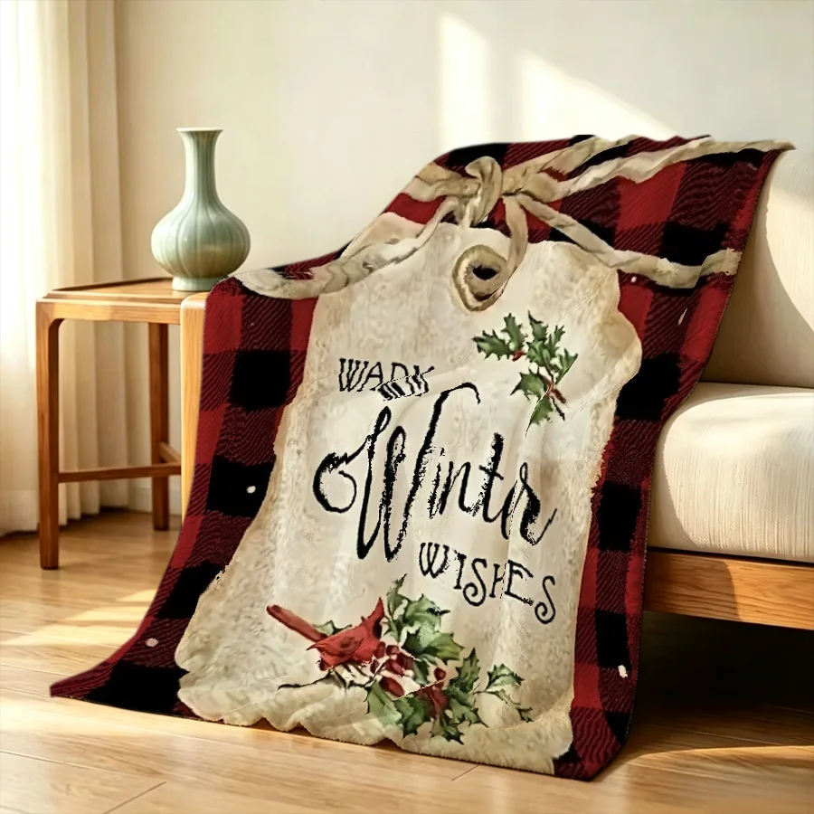 1PC Christmas Cardinal plaid flannel blanket, winter wishes note 2D single-sided printed holiday sofa bed decorative blanket