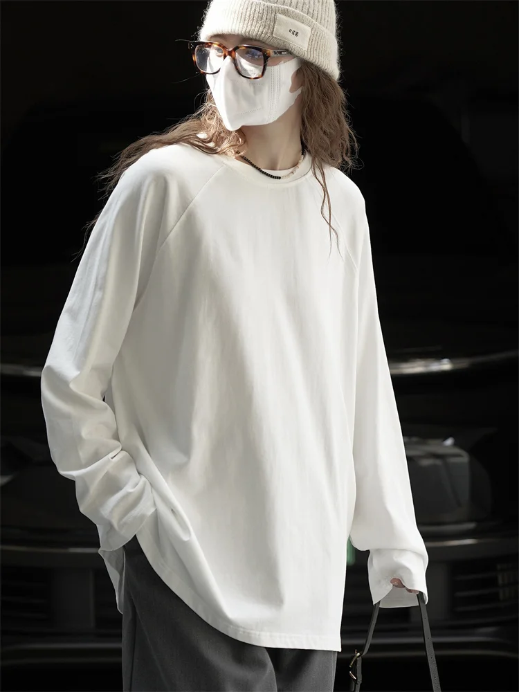 HanOrange 2026 Autumn Minimalist Long Sleeve Split T-shirt Women Loose Silhouette Casual 100% Cotton Top Tees White/Black/Gray
