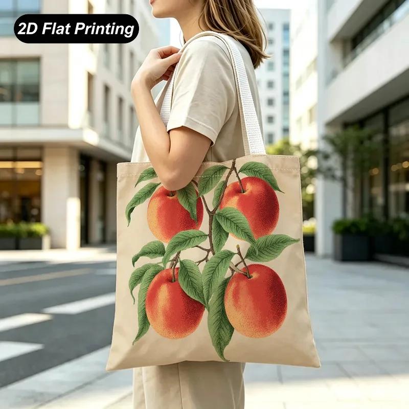 1PC【Tote Bag】2D Flat effect，Vintage Branch and Peach Print Tote Bag，Combines large capacity with lightweight features，Adapted fo