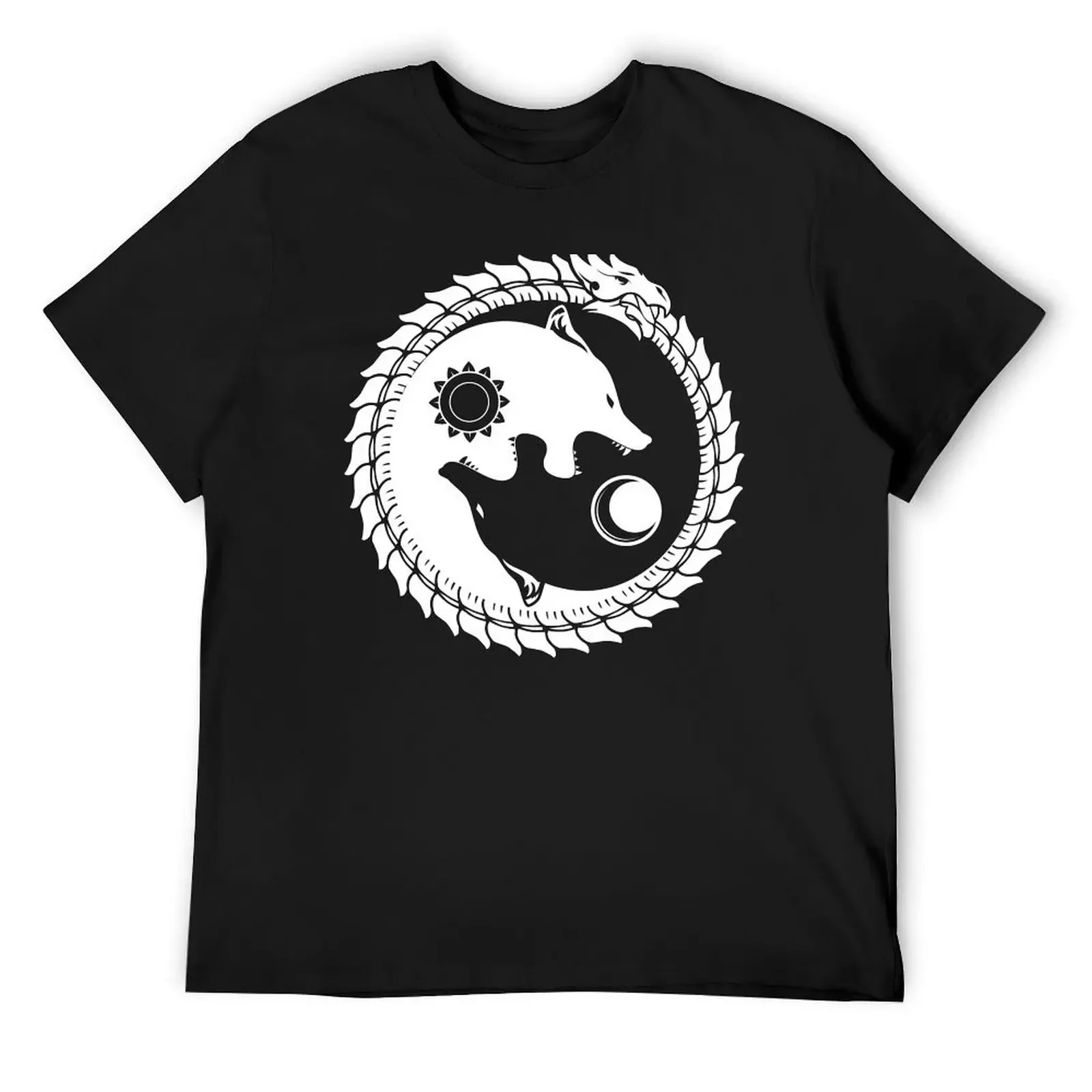 

Viking Dragon Two Wolves Hati and Skoll devour the Sun and the Moon Viking T-Shirt blanks anime mens clothing
