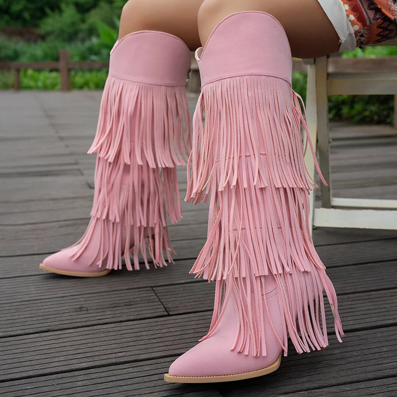 Tassel Decor Pink Knee High Boots Women 2026 Autumn Pu Leather Western Cowboy Boots Woman Pointed Toe High Heel Long Booties