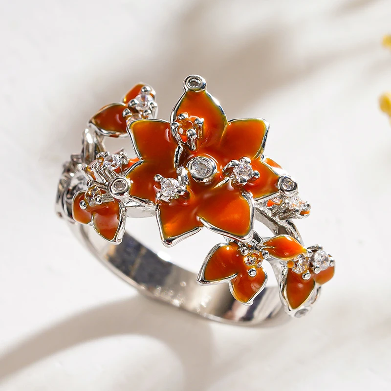 Huitan Aesthetic Flower Ring for Women Bright Chic Charming Finger Accessory Graceful Delicate Orange Enamel Anniversary Jewelry