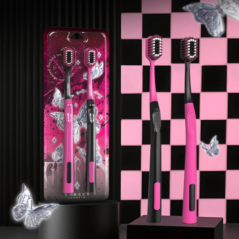 GLORYIN [8-PCS] [4-PCS] Black Pink Series Mountain shaped Convex Brushhead Soft Hair Manual Toothbrush Travel Essential