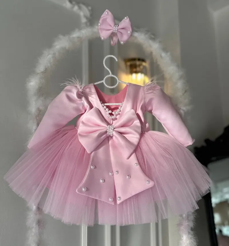 Long Sleeves Flower Girls Dresses Lolita First Birthday Gown Satin Tulle Pearls Princess Party Dress with Bow Kid 1-14T