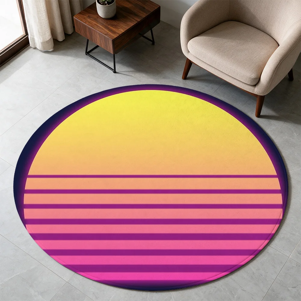 Retro Sunset Stripe Round Area Rug Vibrant Pink Yellow Gradient Boho Living Room Mat Decor