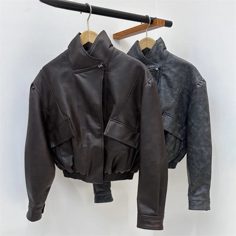 Chaqueta de cuero para mujer nueva chaqueta de motocicleta a prueba de viento con cuello levantado de invierno 2025 abrigo asimétrico de cuero Artificial para mujer