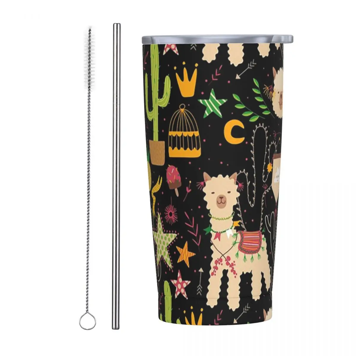 Cute Cactus Alpaca Pattern Stainless Steel Tumbler Vacuum Insulated Mug Thermal Cold Cups Straws With Lid 20oz