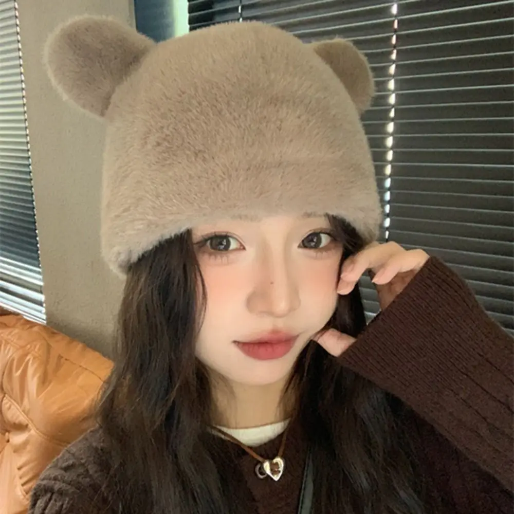 لطيف الشتاء فو الفراء قبعة رقيق عارضة الدب الأذن قبعة حماية الأذن الدافئة المرأة قبعة صغيرة القبعات الفتيات