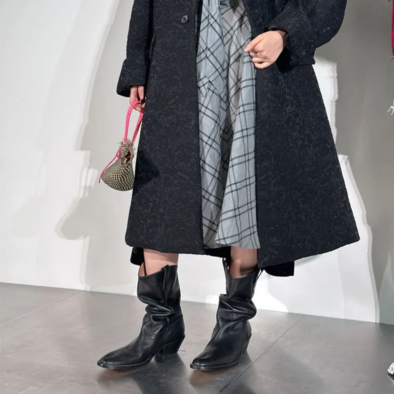 

2026 New Leather Mid-tube Western Cowboy Boots Women Fashion Thick-heeled Trotter Split-toe Boots Pleated Pile of Knight Boots