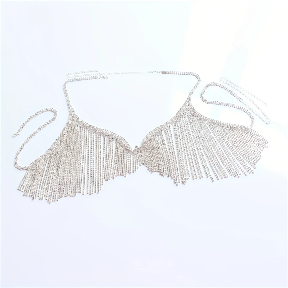 Sexy Bling Tassel Rhinestone Bra Body Chain Exaggerated Women\'s Crystal Bikini Fun Valentine\'s Day Gift
