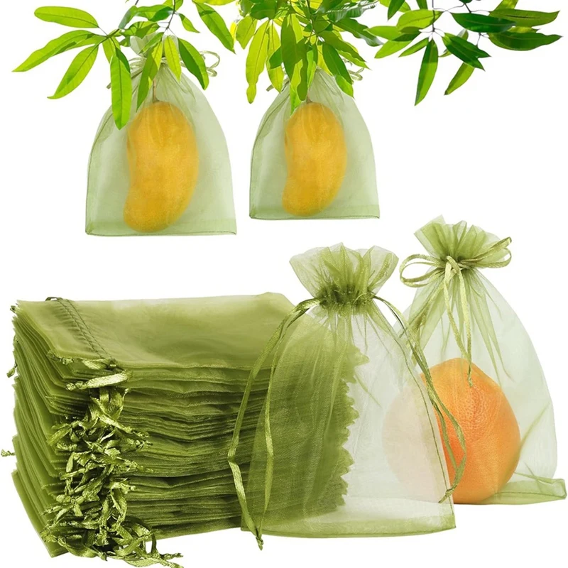 100 buah tas pelindung buah (4x6 inci) tas serut tutup jaring hijau untuk perlindungan buah taman sayuran mudah dipasang