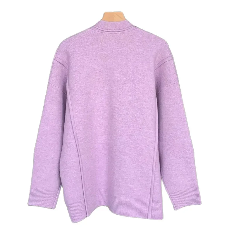 New 2024 Winter Women Sweater Purple Loose Cardigan V-Neck Buttons High Street Elegant Chic Stunning Fashion Design Trendy M