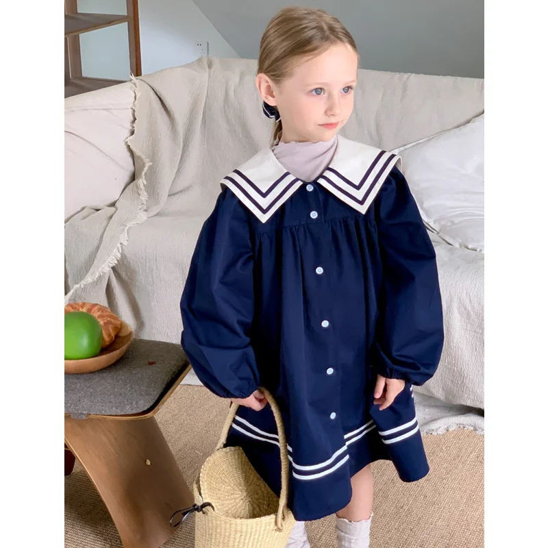 

Baby Girl Navy Blue Big Collar One Piece Dress 2023 Autumn Children Boutique Clothing Korean Style Kids Loose Dresses Girls Robe