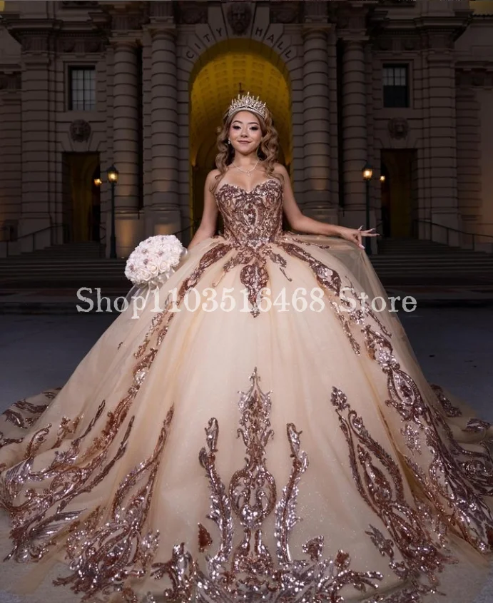 Champagne Luxury Princess 15 Quinceanera Dresses Cathedral Train Crystal Applique Glitter Mexico 16 year old vestidos de 15 años