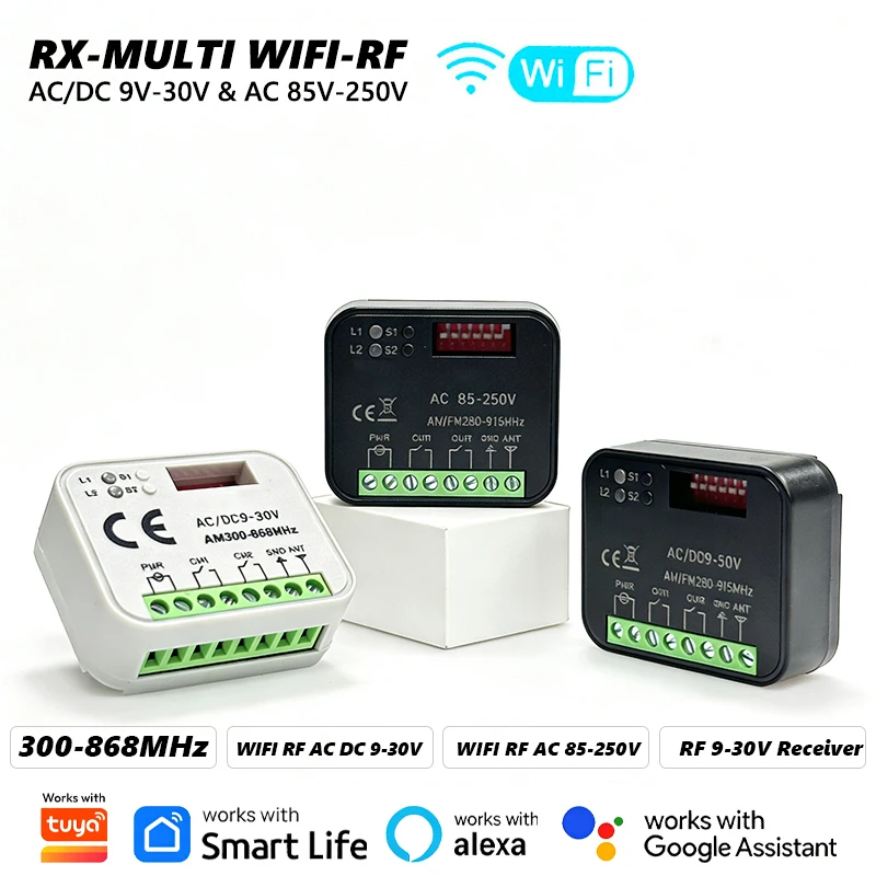

RX-MULTI Receiver Work With Tuya WIFI 300-868MHz 2CH 9-30V 85-250V Garage Door Remote Control Receiver Smart Switch Controller