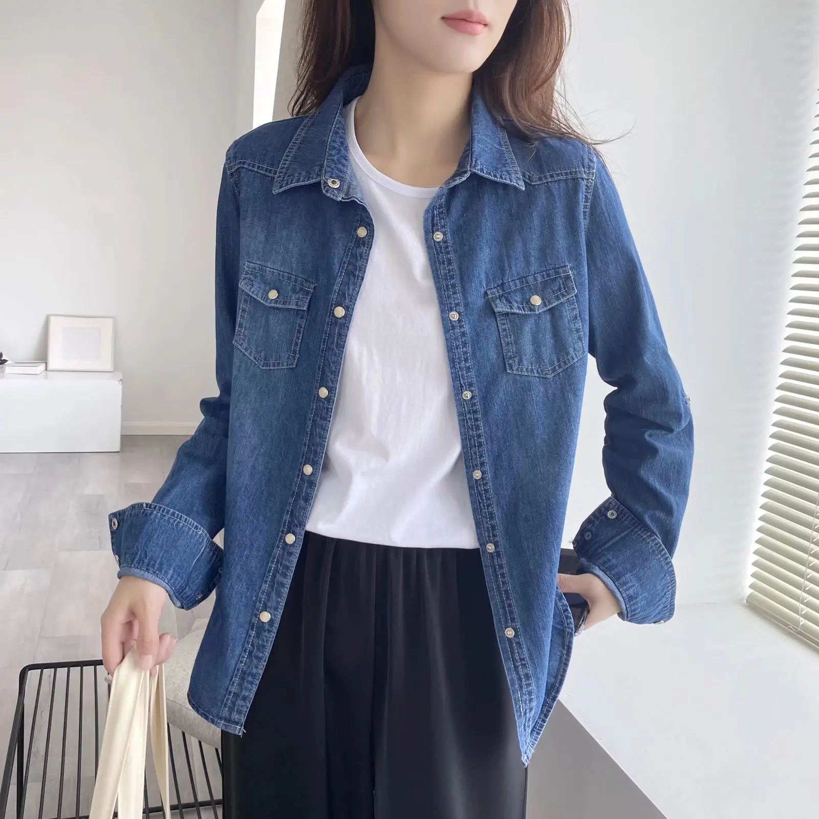 

Vintage Women's Oversized Denim Shirts Autumn Loose Cotton Blue Blouses Shackets Long Sleeve Tops