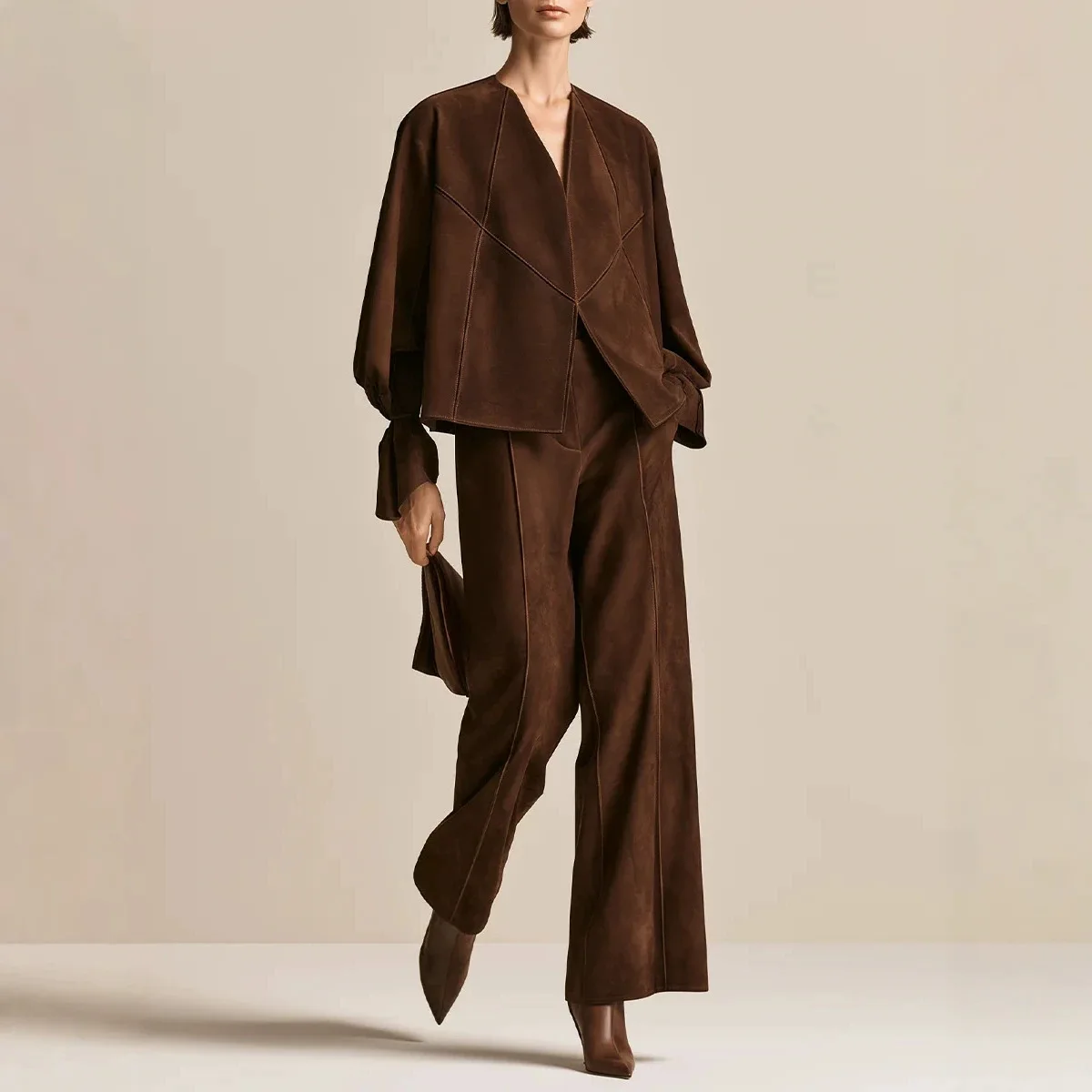 Elegant Suede Zipper Women's Coat Trouser Suits Long Sleeve Cardigan Jackets Loose Straight Pants 2 Piece Autumn Solid Set Lady