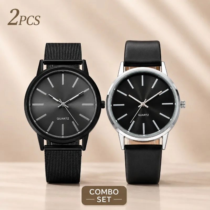 2Pcs Matching Couple Watch Set Minimal Round Dial Analog Quartz Wristwatch for Men Women Slim Fashion Lovers Gift Clock Combo