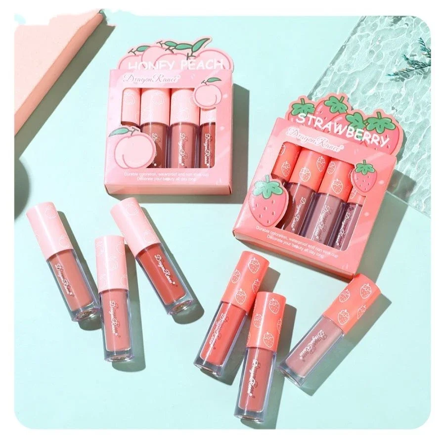 Velvet Matte Lip Glaze Set, Non-Fading, Non-Stick Cup, Fruit Makeup Lip Gloss, Four Mini Set