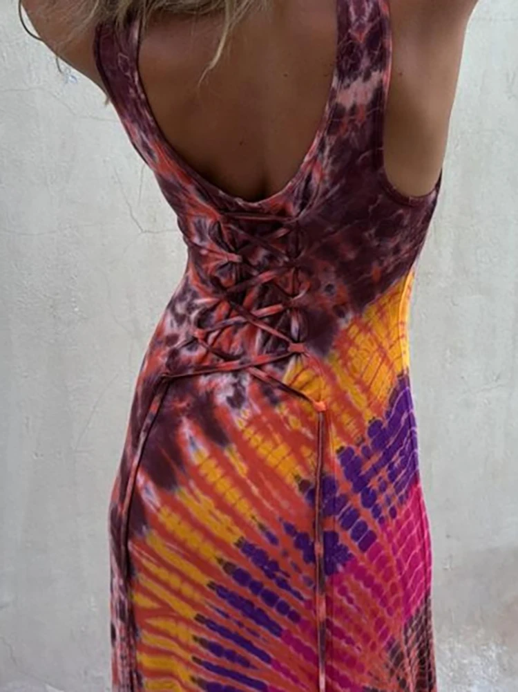 

Полое пляжное платье с принтом граффити в стиле ретро, праздничное тонкое летнее платье с высокой талией, женское повседневное платье-бретелька без рукавов с круглым вырезом