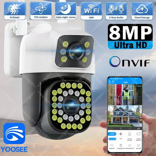 Imagen 1 del producto Cámara IP de doble pantalla 4K y 8MP, cámaras PTZ con Wifi para exteriores, seguimiento automático de 4MP AI, CCTV, Audio HD, cámara de vigilancia de vídeo YOOSEE