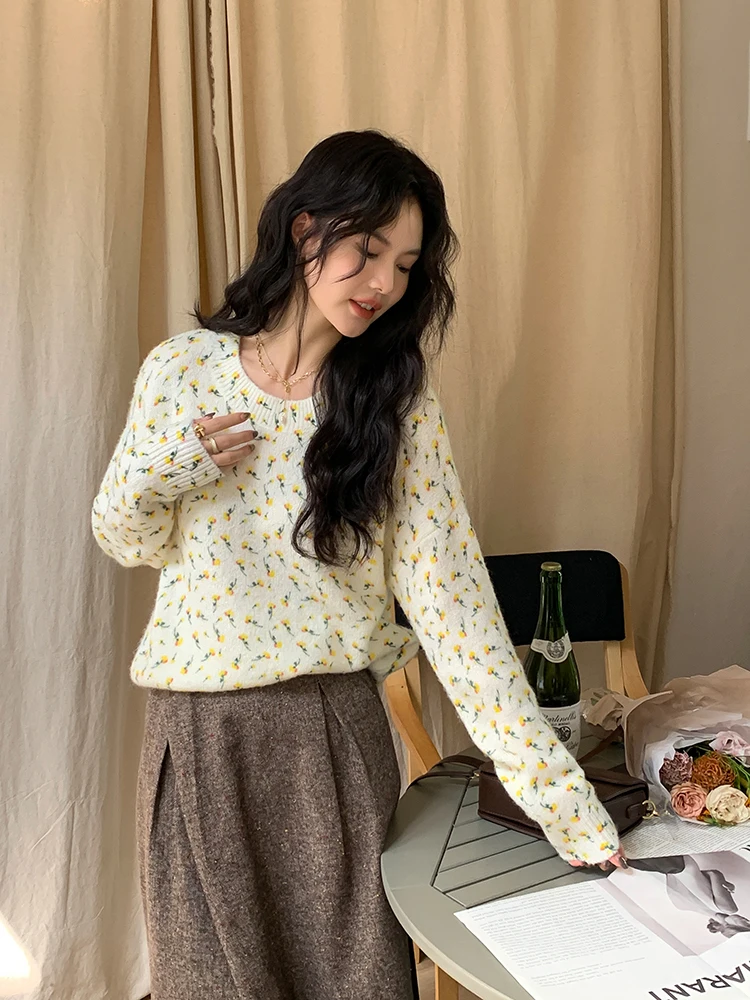 Sezan French Country Floral round Ne Pullover Knitted Loose Women's Sweater Sweet Sle Long Sve Printed Loose Fit Top