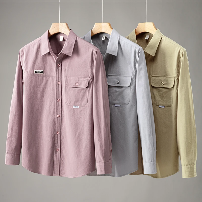 Workerwear Casual Premium Shirts For Men Long Sleeve Cotton 100% Spring Quality Soft Comfortable Pocket Trendy Camisas De Hombre